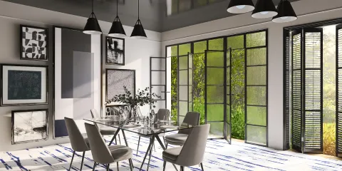 modern dining room design showcasing a stylish glass dining table with contemporary chairs, featuring large open doors that connect indoor and outdoor spaces, enhanced by Homestyler's real-time 3D rendering for effective design proposal presentation.