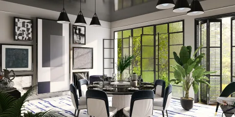 modern dining room featuring a round table with stylish chairs, enhancing open space with large windows, designed using Homestyler's real-time 3D rendering feature.