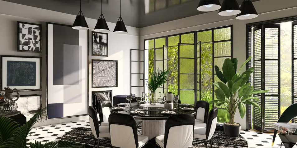 dining room with modern furnishings arranging interior decor in contemporary style featuring indoor plants enhance space value using Homestyler's real-time 3D rendering functionality.