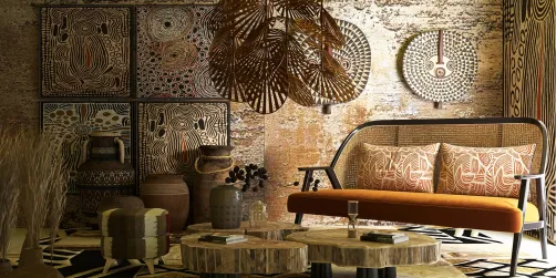 Stylish sofa placement in an artistic living room featuring earthy tones and tribal patterns, showcasing interior decor inspired by natural textures and colors; utilizing Homestyler's real-time 3D rendering for design visualization.