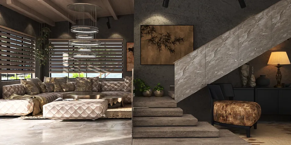 modern living room with elegant furniture and staircase design, showcasing a stylish interior decor concept using Homestyler's real-time 3D rendering feature