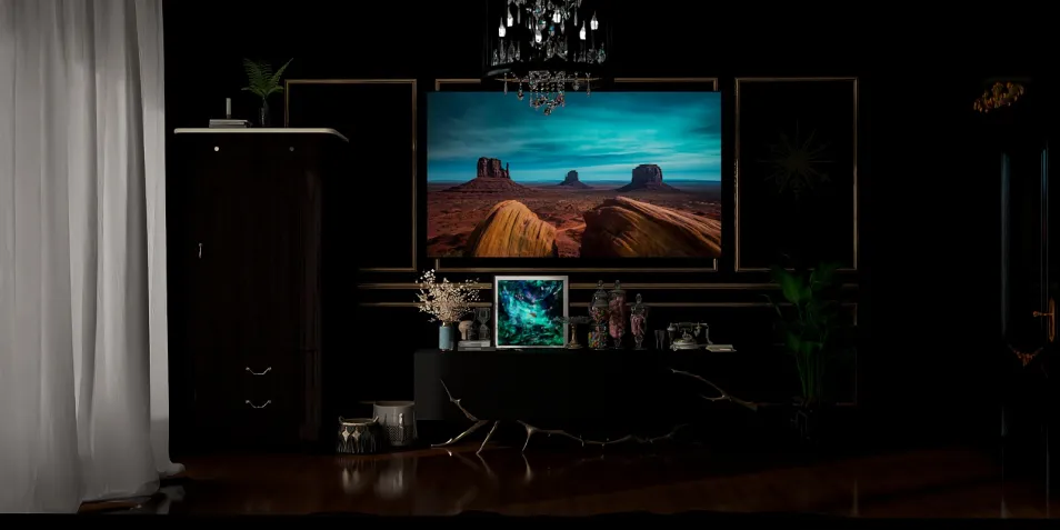 modern interior design showcasing a dark-themed living room with a stylish cabinet and vibrant artwork, featuring Homestyler's real-time 3D rendering capability for quick design previews.