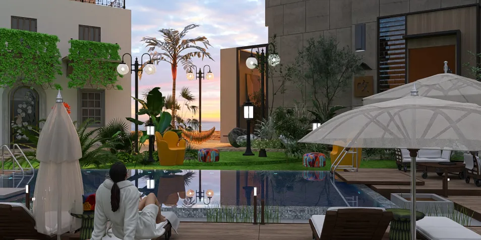 Outdoor pool area featuring a relaxing setup with sun loungers and umbrellas, enhanced by greenery and modern decor style, showcasing Homestyler's real-time 3D rendering feature for immersive design preview.