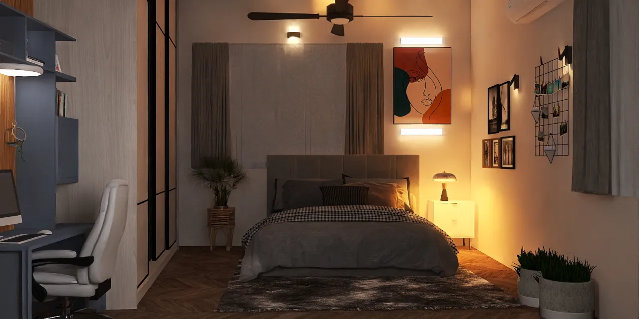 a bedroom with a bed, a lamp, and a wall 