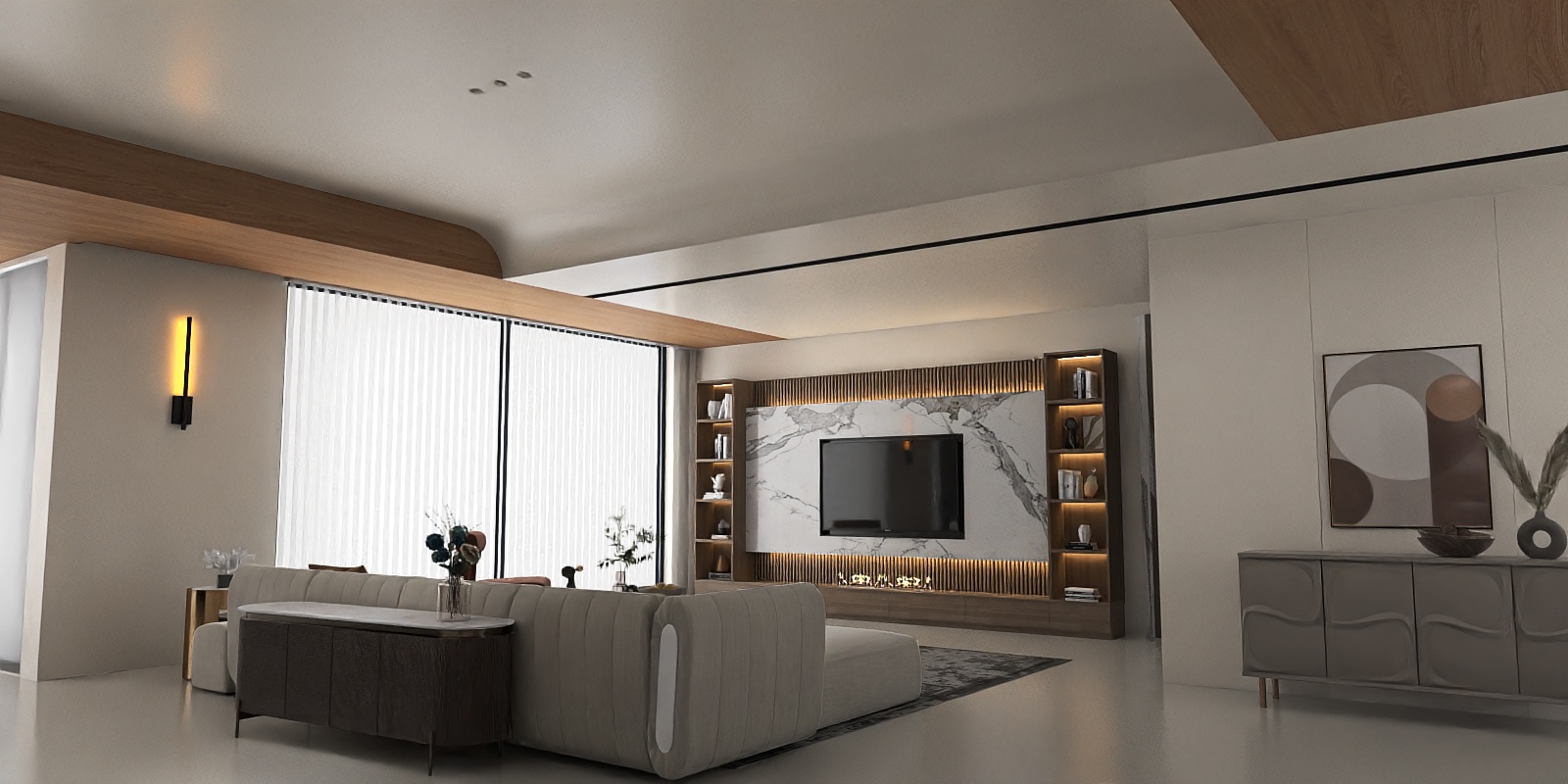 Modern living room and spacious kitchen