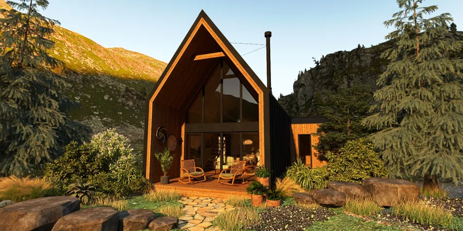modern wooden cabin exterior showcasing a cozy entrance with a landscaped garden surrounded by trees and mountains, featuring Homestyler's real-time 3D rendering to visualize outdoor spaces.
