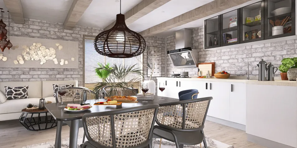 modern dining area featuring a table set for a meal in a stylish kitchen, showcased with interior decor elements, highlighting Homestyler's real-time 3D rendering feature for fast previewing of design proposals.