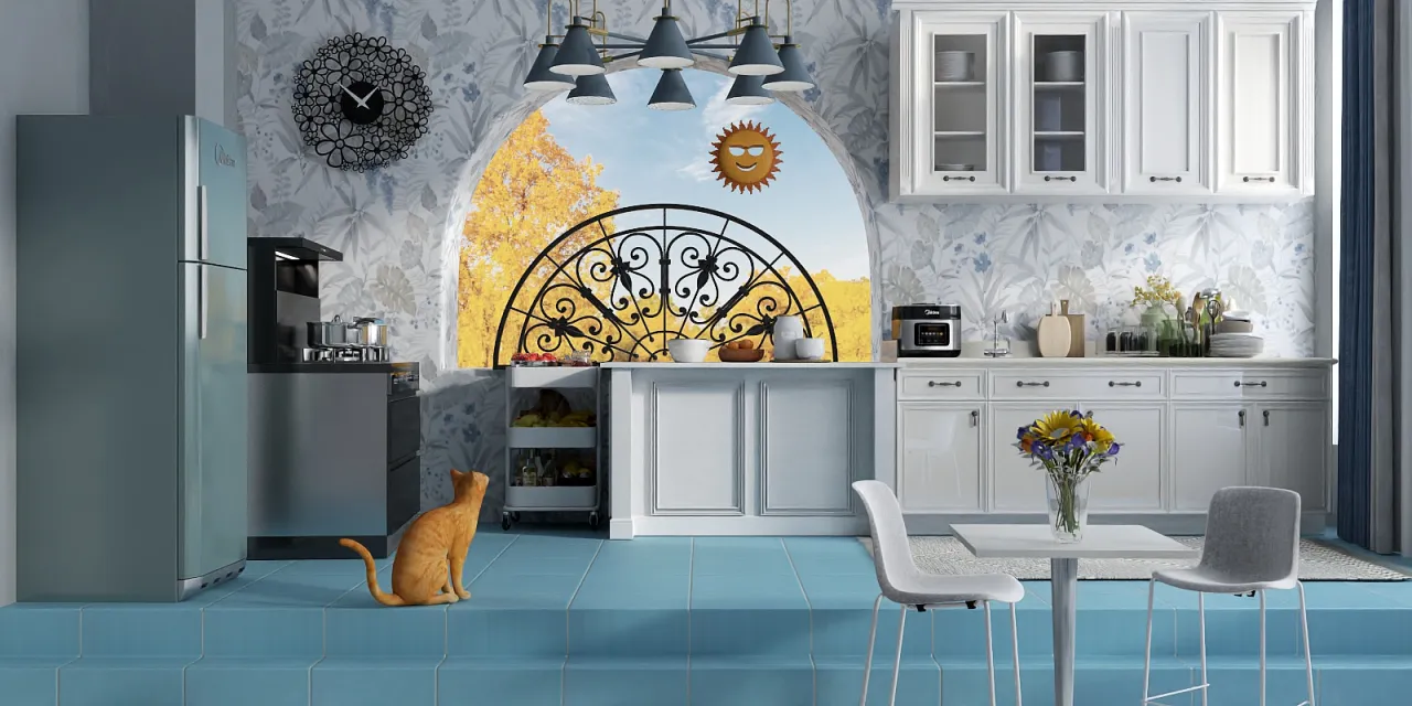 a kitchen with a white counter top and a white refrigerator 