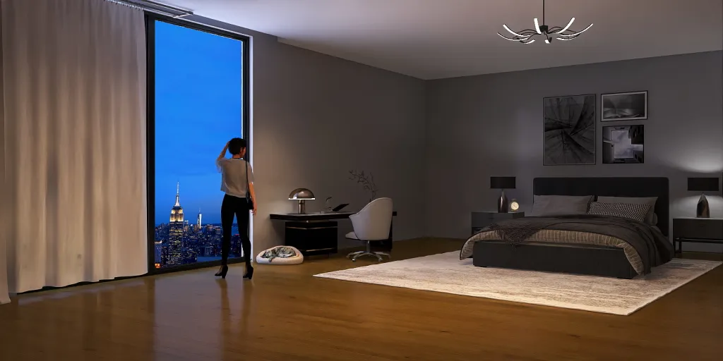 a man standing in a living room next to a bed 