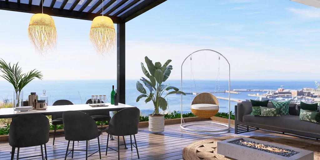 a dining room with a large balcony overlooking the ocean 