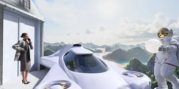 A futuristic vehicle design featuring an advanced hovercraft in a scenic landscape, created using Homestyler's real-time 3D rendering to preview the futuristic interior decor concept.