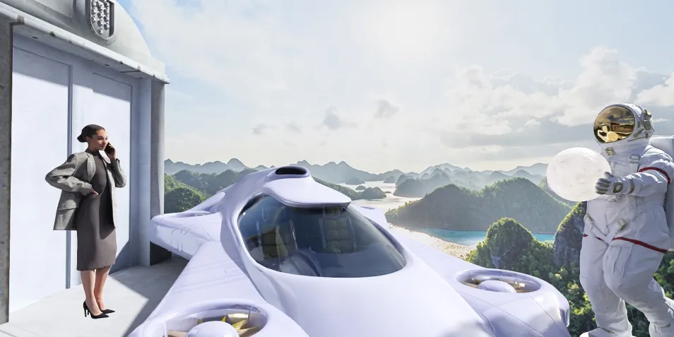 A futuristic vehicle design featuring an advanced hovercraft in a scenic landscape, created using Homestyler's real-time 3D rendering to preview the futuristic interior decor concept.