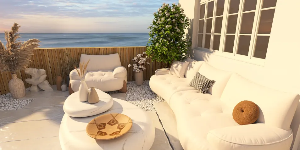 Modern outdoor lounge area featuring a stylish white sectional sofa and chic accent chairs, designed using Homestyler for an inviting beachfront terrace, enhancing outdoor relaxation with a coastal aesthetic.