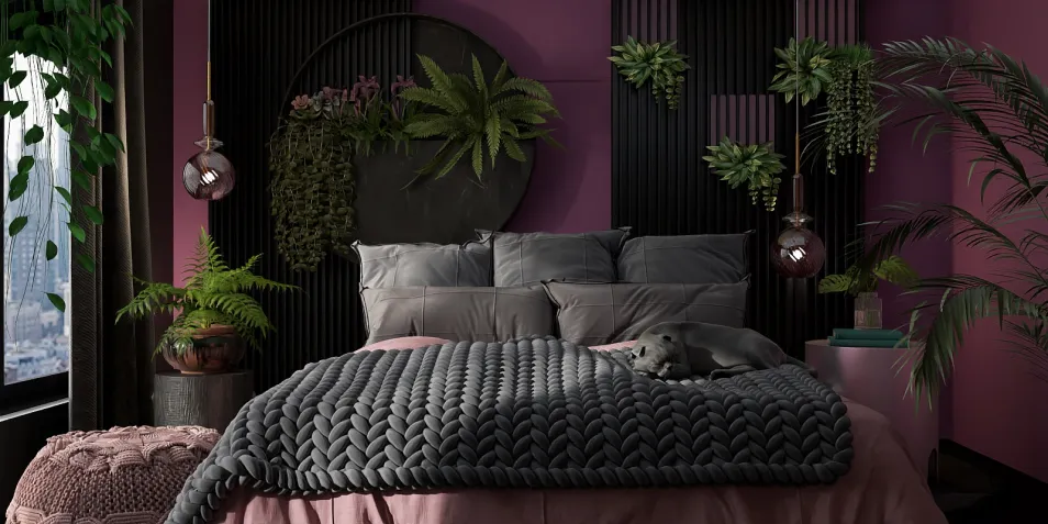 cozy bed with a textured gray blanket and decorative pillows adding warmth in a modern bedroom, featuring smart furniture layout using Homestyler for optimal small space design