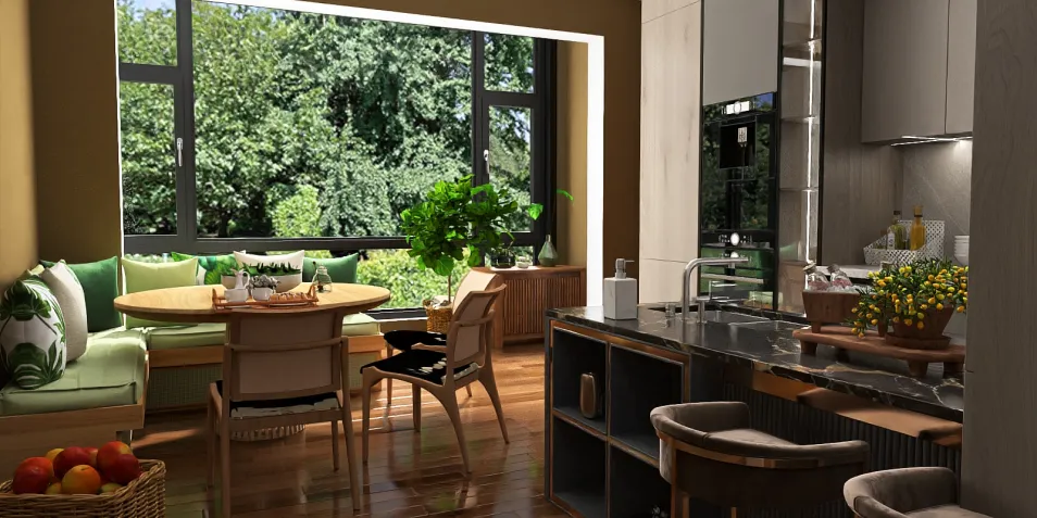 modern kitchen with dining area showcasing natural light, implementing smart furniture arrangement for optimal small space usage, featuring Homestyler's live 3D rendering capability.