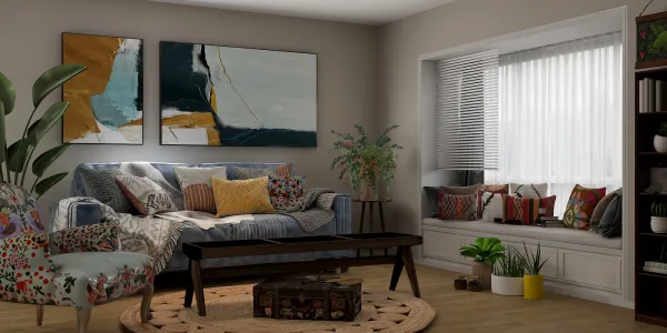 cozy living room with artistic wall art and comfortable seating, showcasing a modern interior design style ideal for relaxation, featuring Homestyler's AR virtual furniture placement for accurate decor arrangement.