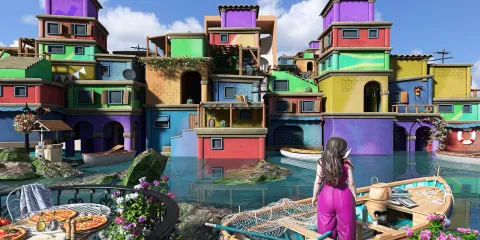 colorful waterfront village with vibrant houses and a woman admiring the scenery in a playful Mediterranean style, showcasing a unique interior design concept using Homestyler's real-time 3D rendering feature.