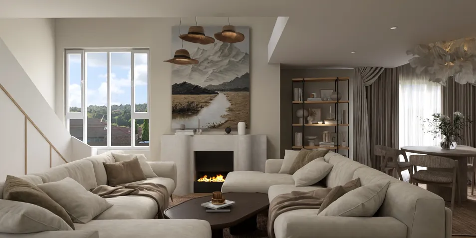 Comfortable living room featuring a modern sectional sofa with decorative cushions, showcasing a cozy interior design style and creating a warm family atmosphere. Leveraging Homestyler's real-time 3D rendering for an immersive design preview.