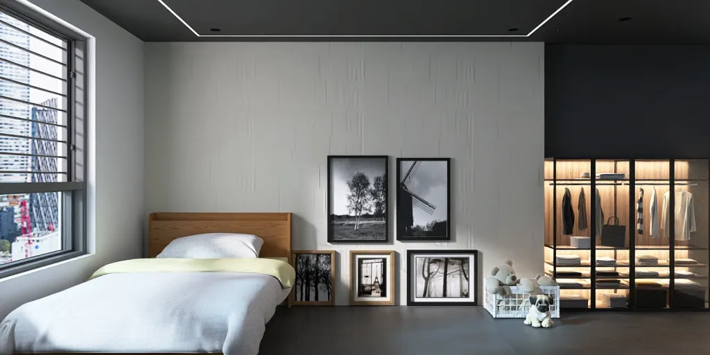 a bedroom with a bed, desk, and a painting 