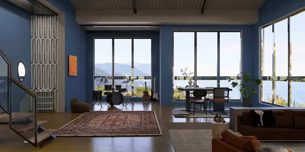 a living room with a large window and a large table 