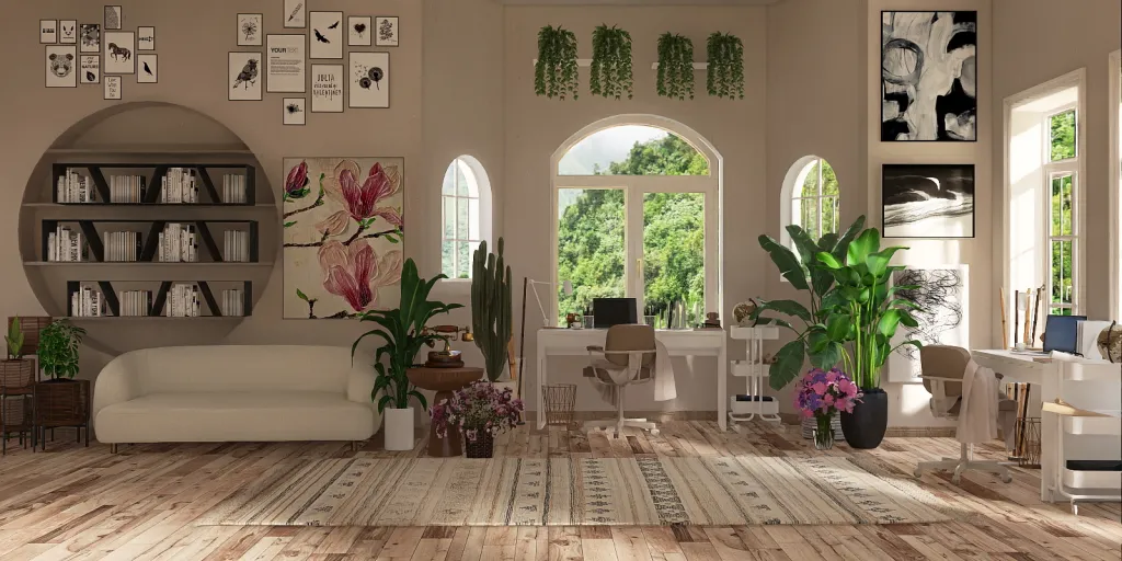 a living room filled with furniture and a flower arrangement 