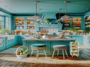 A vibrant turquoise kitchen with modern appliances featuring an island and bar stools, showcasing a cozy design style. This interior design highlights the Homestyler's real-time 3D rendering capability for a realistic preview of the renovation effect.