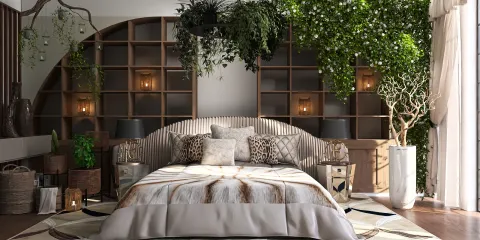 modern bedroom design featuring a cozy bed with decorative pillows and a unique headboard, enhanced with green plants on shelves, highlighting interior decor with smart furniture arrangement using Homestyler's real-time 3D rendering feature.