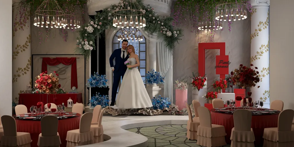 a bride and groom are standing in a room 