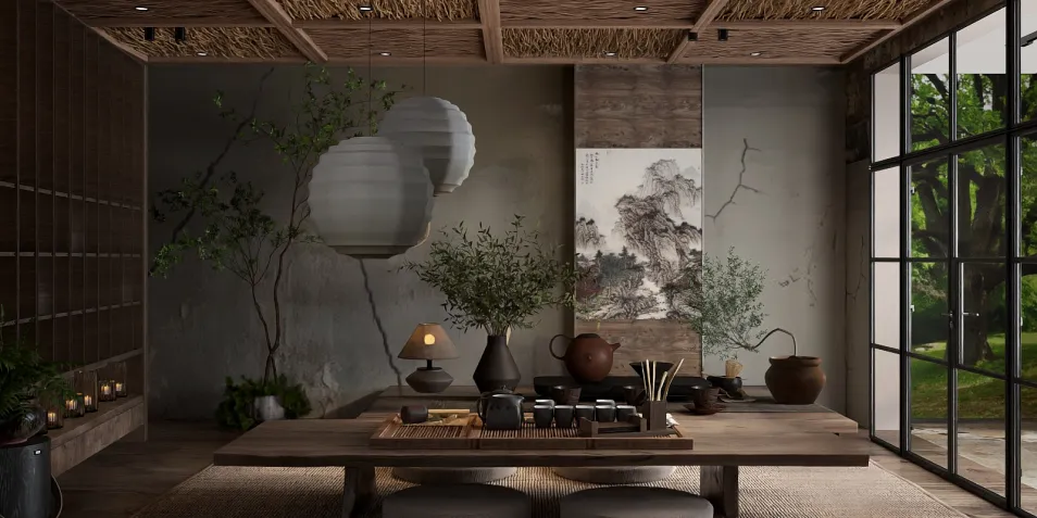 Asian dining area featuring a wooden table arrangement and nature-inspired decor in a minimalist style; showcasing immersive 3D rendering capabilities of Homestyler.