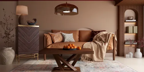modern sofa arrangement featuring warm tones and cozy textiles in a stylish living room, showcasing interior decor with a focus on furniture placement using Homestyler's smart furniture arrangement feature.