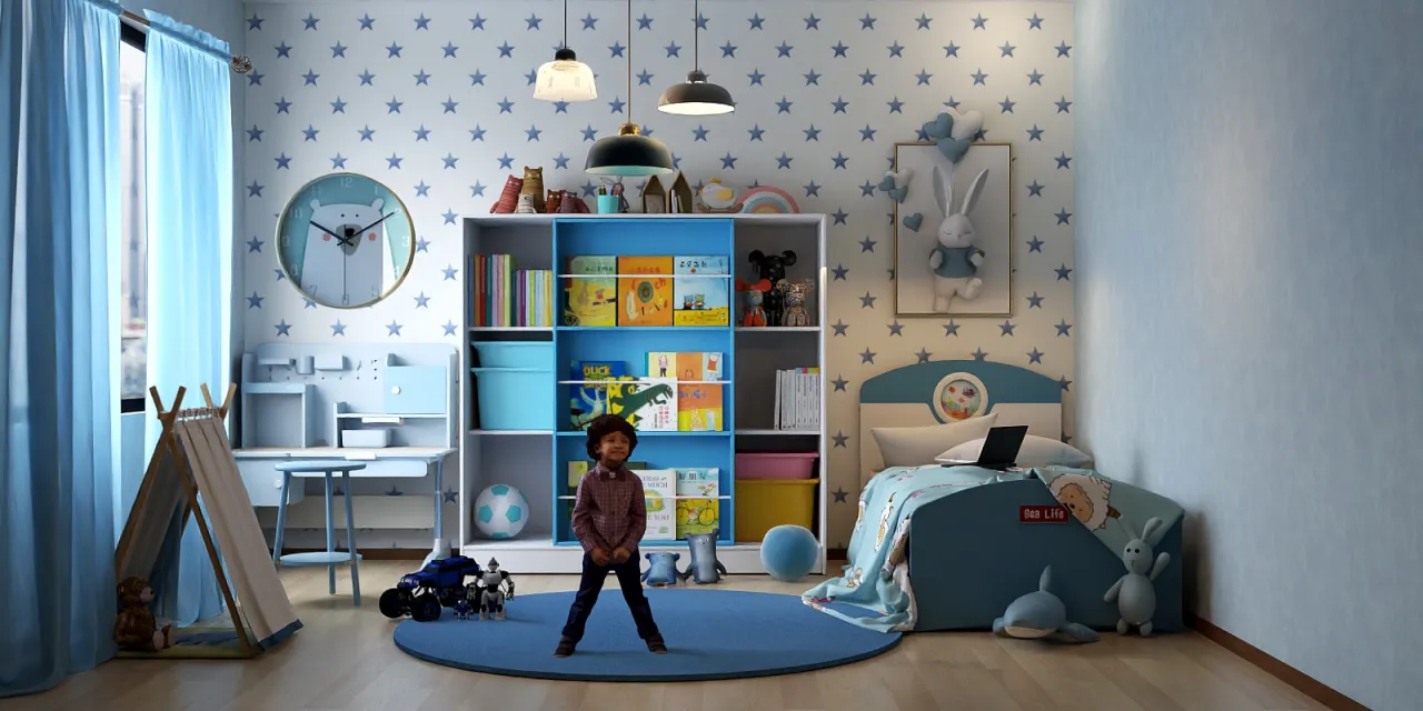a small child is sitting on a bed in a room 