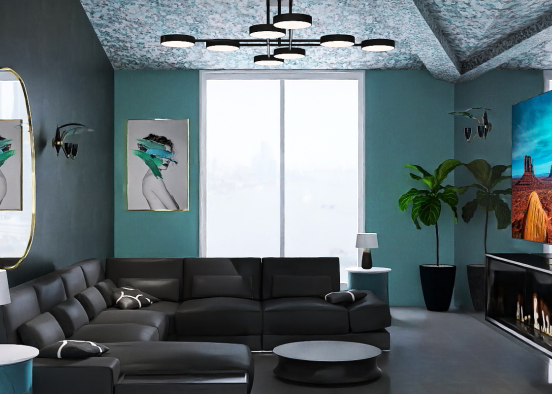Grey and turquoise living room  Design Rendering