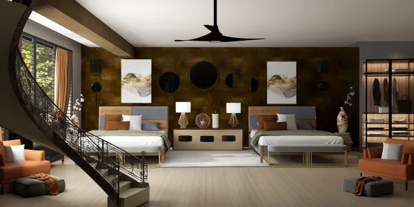 Modern bedroom design featuring two beds with stylish headboards, showcasing a warm color palette and elegant decor. This interior space utilizes Homestyler's real-time 3D rendering to visualize the design.