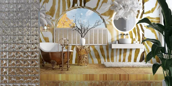 Luxurious bathroom design featuring a vintage bathtub and artistic wall decorations, showcasing a bohemian style with a warm color palette, enhanced by Homestyler's real-time 3D rendering feature.