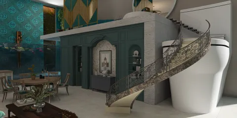 Elegant spiral staircase leads to a beautifully designed upper level, featuring a modern interior décor style that enhances the open living space, showcasing Homestyler's real-time 3D rendering capabilities.