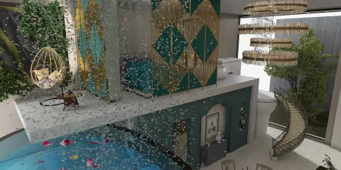 Modern indoor swimming pool design featuring a multi-level structure with a cozy bedroom above, showcasing a vibrant color scheme and lush greenery, highlighting Homestyler's real-time 3D rendering capabilities for immersive interior design visualization.