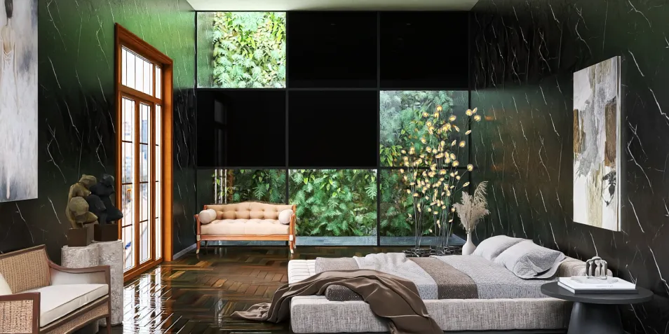 modern bedroom design incorporating natural elements with a large window showcasing greenery, featuring smart furniture arrangement for optimal space utilization using Homestyler's intelligent furniture layout feature.