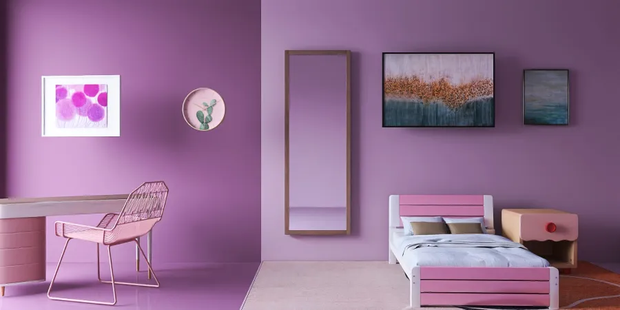 a room with a bed, a chair, and a painting on the wall 