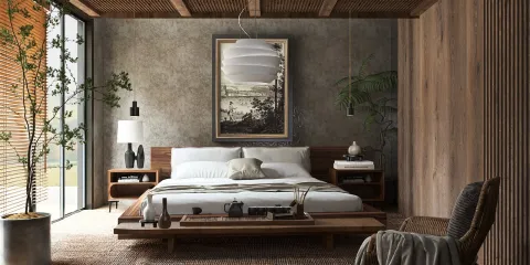 modern bedroom design featuring a wooden bed frame and earthy tones with a minimalist art piece, showcasing Homestyler's real-time 3D rendering functionality.