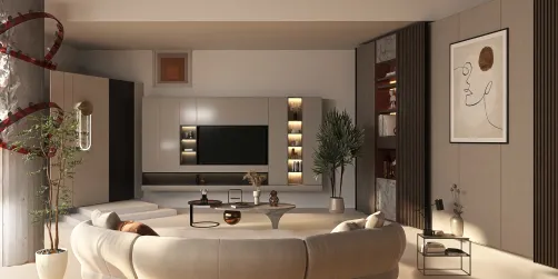 modern living room featuring curved sofa arrangement, designed in contemporary style, showcasing open space functionality with smart furniture placement using Homestyler's real-time 3D rendering.