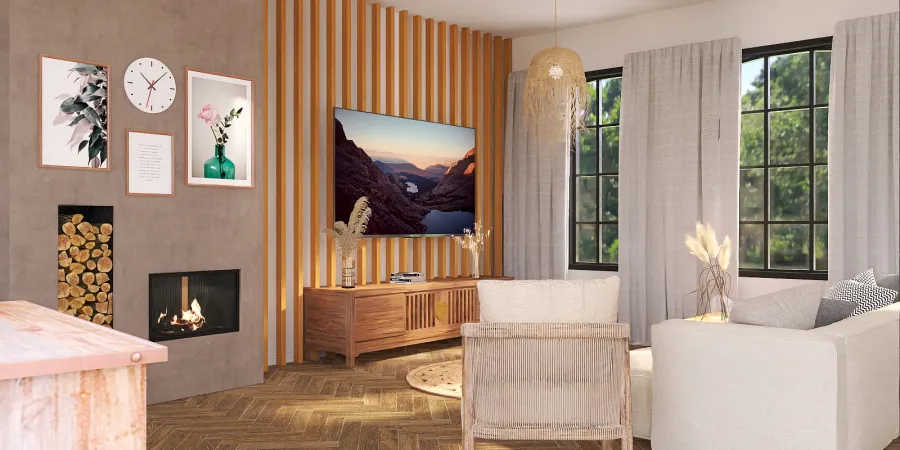 a living room with a large painting on the wall 