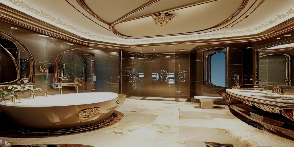 a large bathroom with a large tub and a large mirror 