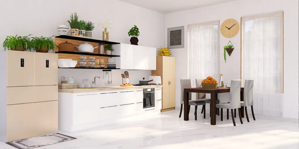 a kitchen with a table, chairs, and a refrigerator 