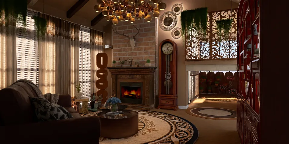 cozy living room interior design showcasing a classic fireplace and elegant decor with a rustic charm, featuring real-time 3D rendering from Homestyler for a realistic preview.