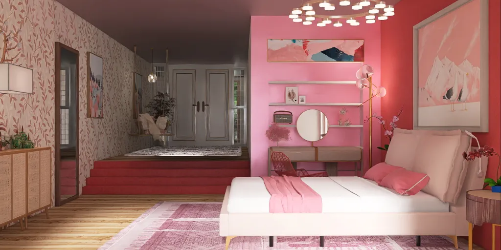 a room with a pink wall and a pink floor 