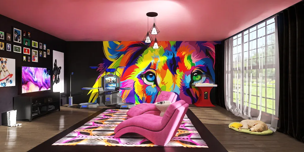 a colorful room with a colorful chair and a colorful rug 