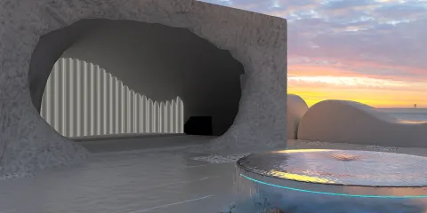 3D outdoor space with a water feature showcasing modern design elements and a minimalist style, featuring Homestyler's real-time 3D rendering capability for design proposal visualization.