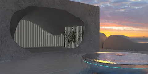 3D interior design of an outdoor space featuring a unique wall structure and water feature, creating a serene atmosphere at sunset, enhanced by Homestyler's real-time 3D rendering for dynamic design previews.