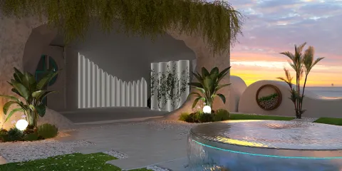 landscaped outdoor space featuring a modern water fountain and lush greenery with sunset backdrop, ideal for relaxation and leisure; showcases Homestyler's real-time 3D rendering feature.