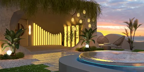 outdoor area with modern lighting installation designed using Homestyler for a contemporary garden space, showcasing a serene ambiance and enhanced evening aesthetics